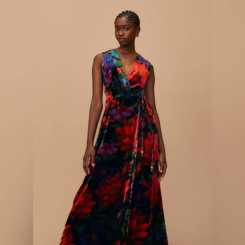Farm Rio Velvet Black Multi Beaded Fringe Belt Flower Season Maxi Wrap Dress XS